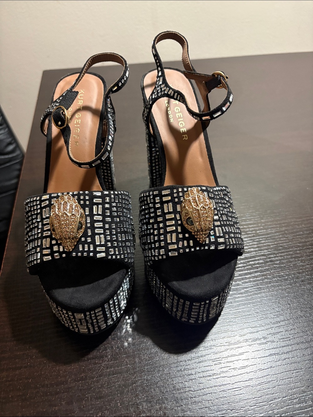 Kurt Geiger Black and Gold Embellished Platform Sandals